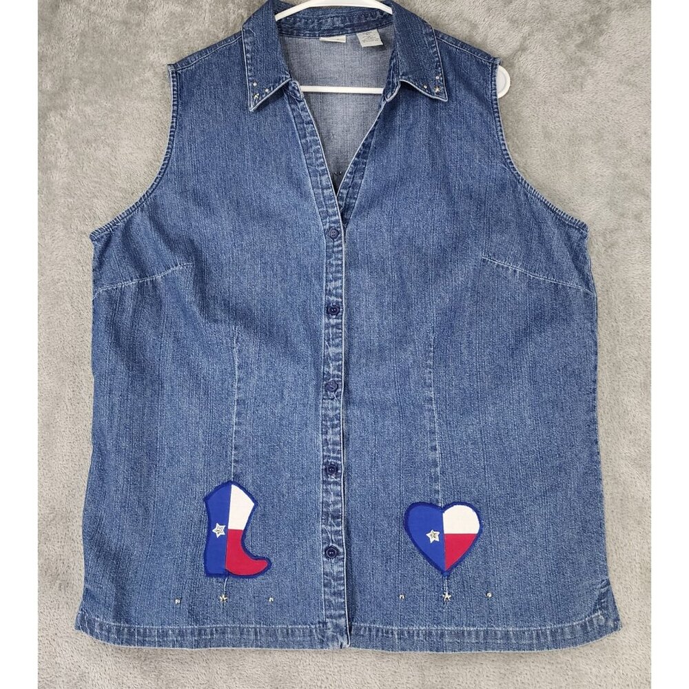 Lee Vest Womens 2X Blue Denim Button Up Texas Patch Studded Western Vintage Top